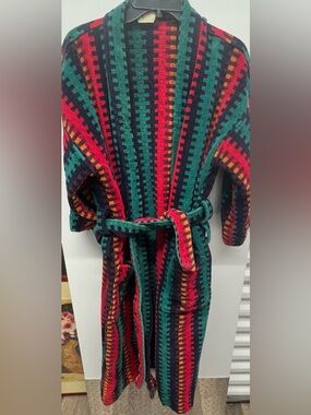 Vtg  Ash Creek Dad Robe One Size Terry Cloth Aztec Pockets Retro 80s Southwest